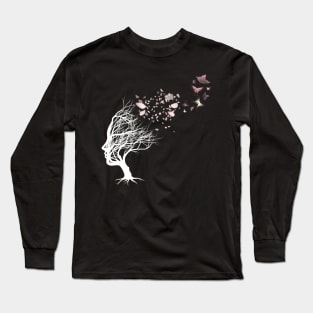 Drawing woman illustration with fyling pink butterflies Long Sleeve T-Shirt